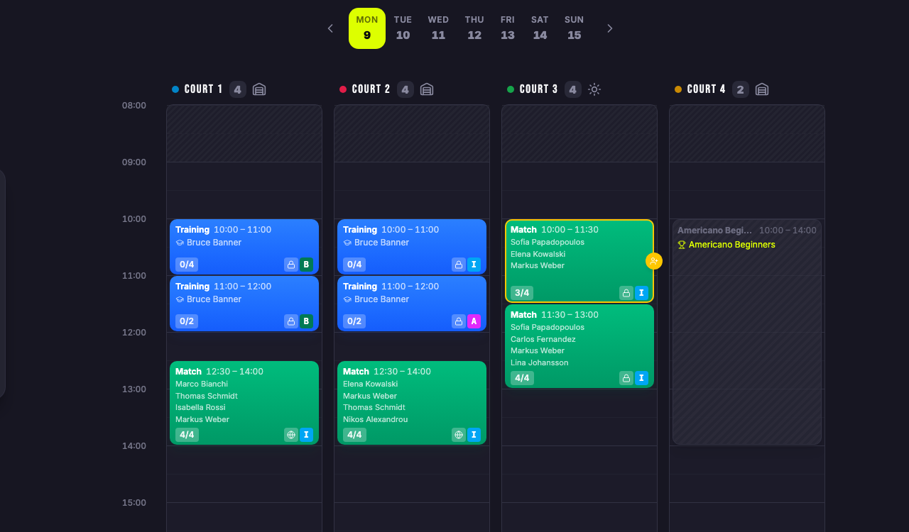 Padelatos visual schedule grid with drag-and-drop court booking